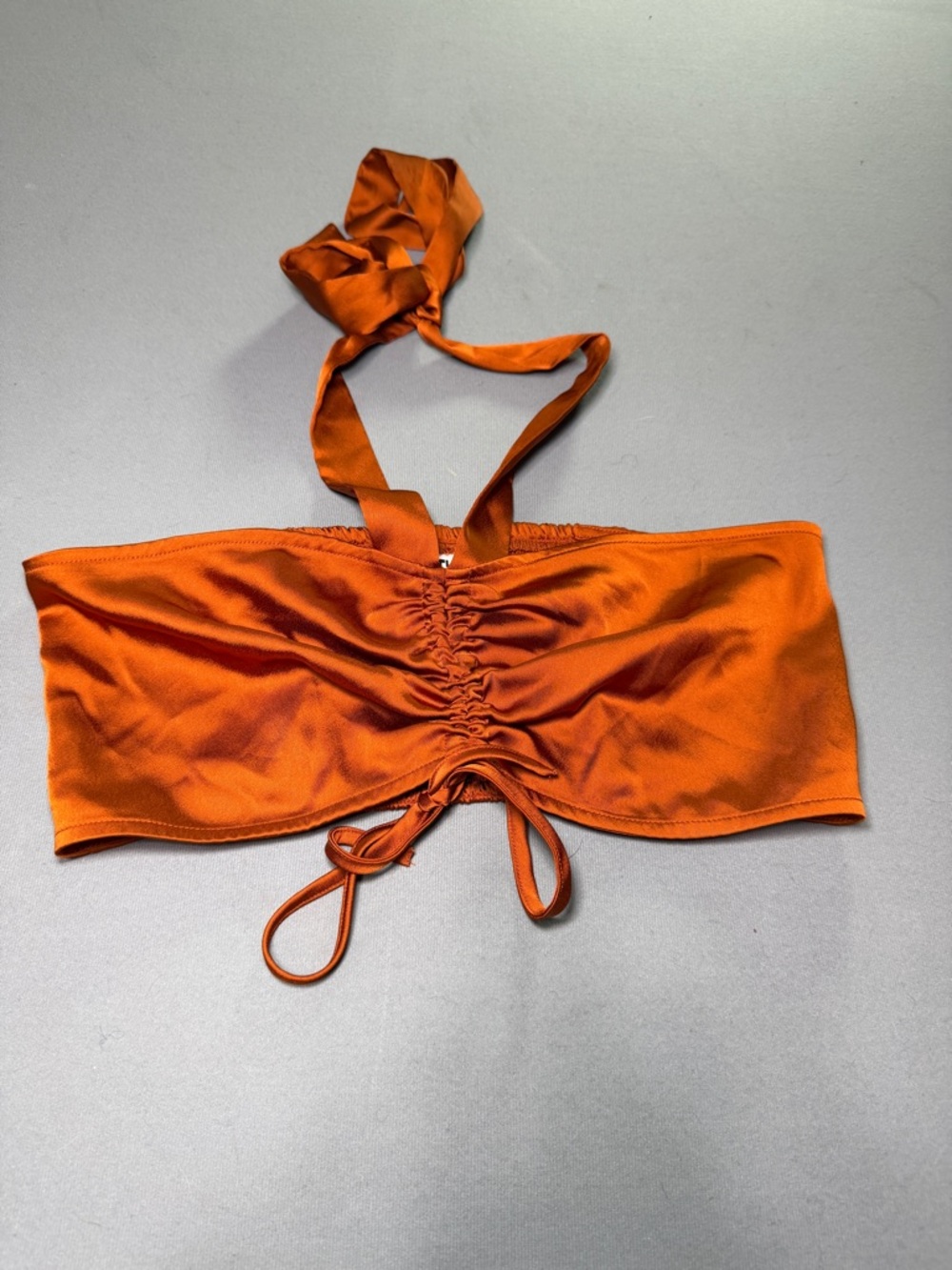 Satin Ruched Halter Crop Top - Rust Orange
